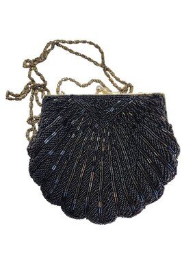 Vintage La Regale LTD Black Beaded Clutch Purse Gold Chain Strap Kiss-Lock Close